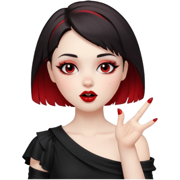 A girl with goth makeup and short hair( dark brown and bottom of hair red) winking and blowing kiss while raising one shoulder.  emoji