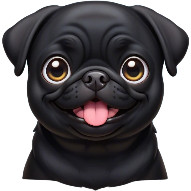 Cinematic Comical Black Pug Portrait Emoji, Head tilted dramatically with an exaggeratedly amused expression, featuring a sleek black coat with a glossy finish, wide, expressive dark eyes filled with playful disbelief, Simplified yet hilariously expressive features, highly detailed, glowing with a slightly sassy glow, high shine, dramatic yet playful, stylized with an air of cheeky mischief, bright and endearing, soft glowing outline, capturing the essence of a spirited and over-the-top companion, so meme-worthy it feels like it could side-eye its way into internet fame instantly! emoji