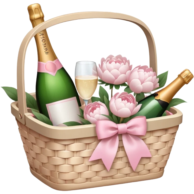 White Picnic basket with light pink bow and white peonies and one pink champage bottle inside emoji