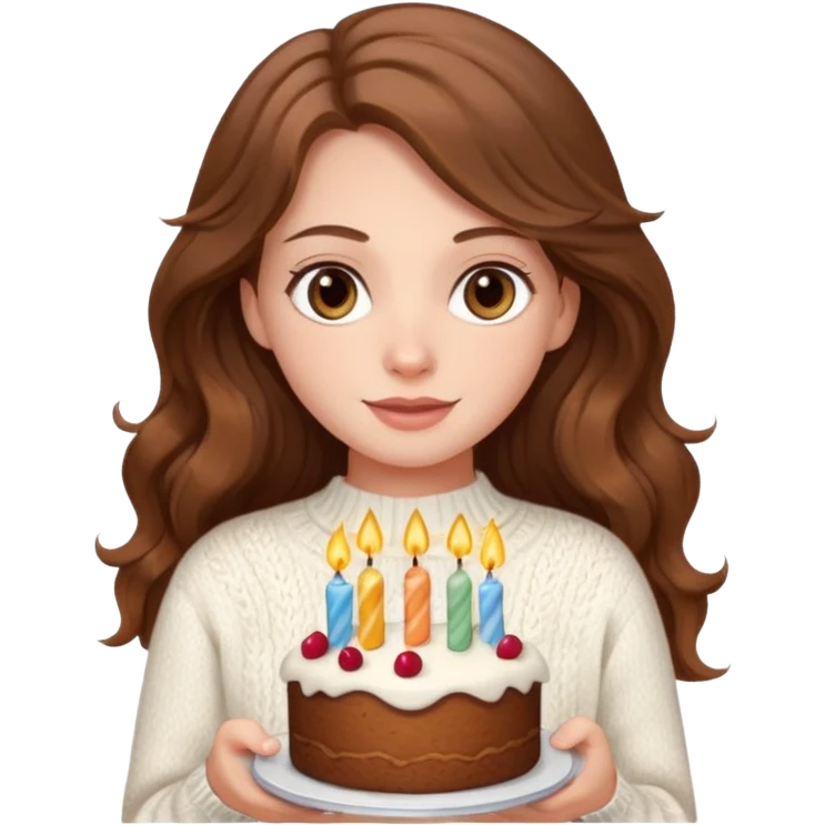 A pretty white girl with hazel brown eyes and long brown wavy hair in a cosy white knit sweater, she is celebrating her birthday emoji