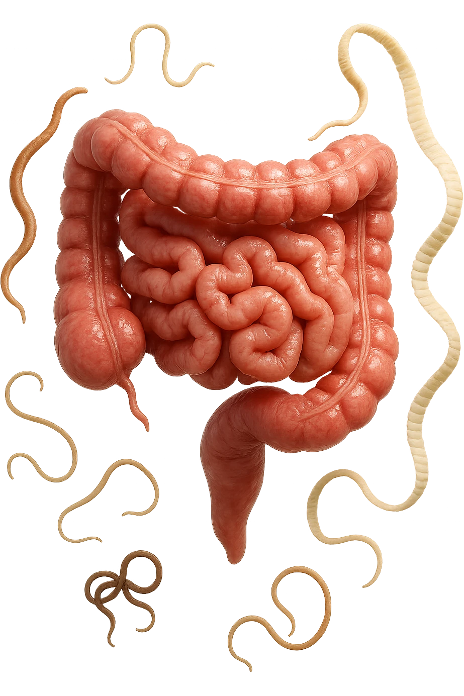 INTESTINO UMANO ANATOMICO REALISTICO FLUTTUA IN ARIA INSIEME A PARASSITI COME LA TENIA, SFONDO CHIARO, iperrealistico 4k emoji