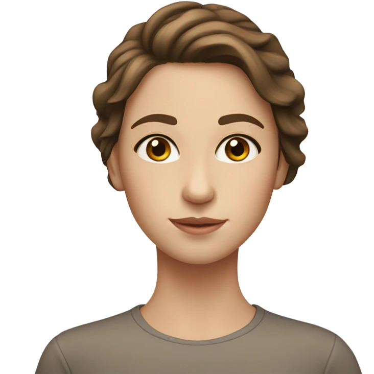 A beautiful girl with medium brown hair, hazel eyes, white skin, and a small nose emoji