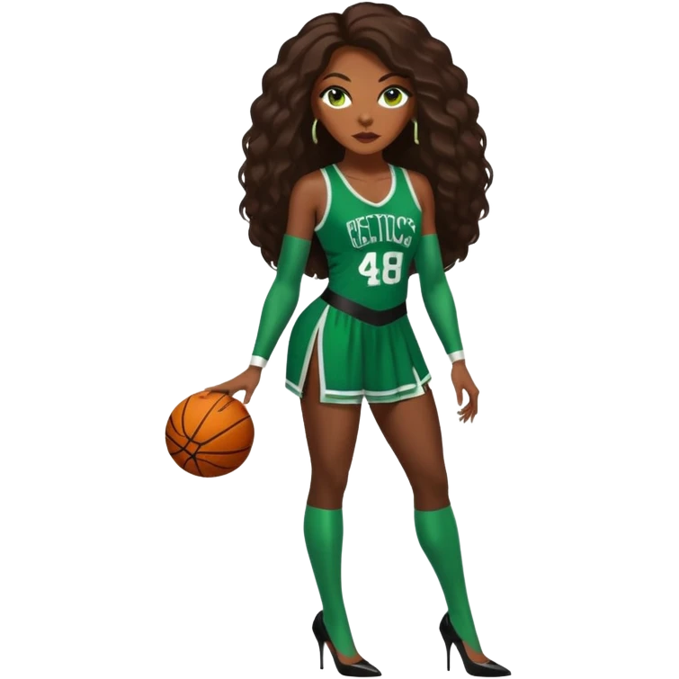 A 48-year-old black woman with long brown baylaige hair dressed in sexy 
celtics jersey costume outfit and stilettos  emoji