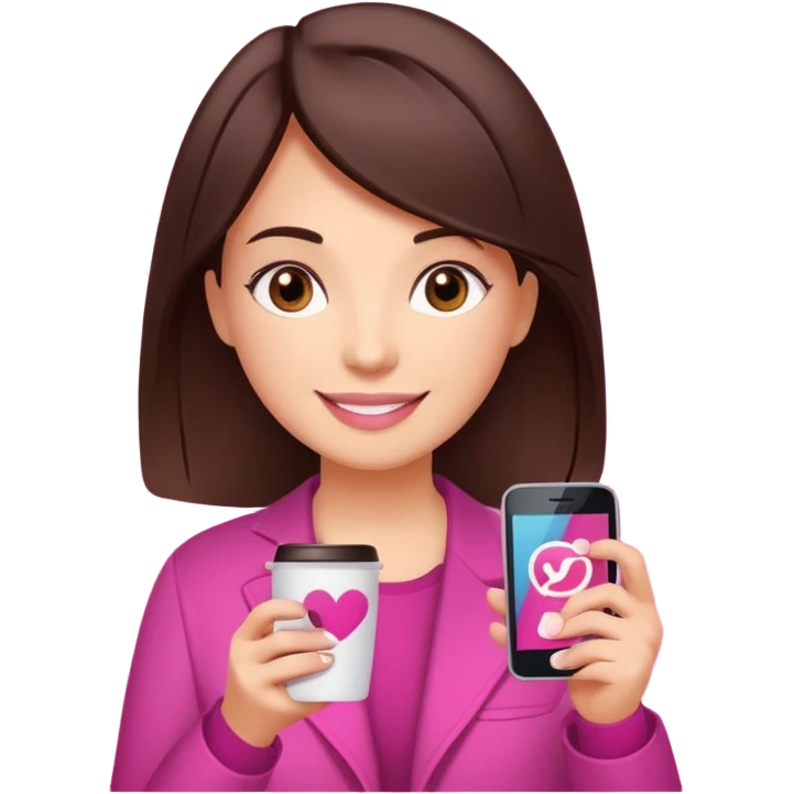 Social media manager. She has dark brown hair, brown eyes, a friendly smile. She is holding a smartphone and a coffee cup. Include subtle marketing elements like small icons of hashtags or a speech bubble, instagram logo. Use vibrant colors with a focus on pink and fuchsia tones. emoji