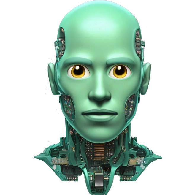 Pastel green bald male cyborg head with goatee and circuitry emoji