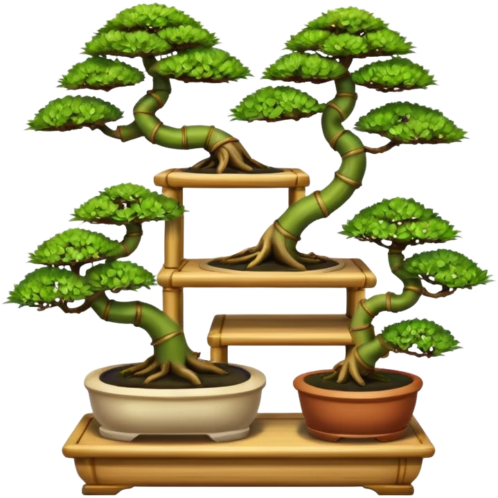 Twisted bamboo floor shelf unit displaying bonsai plants(in shallow bonsai pots) cluttered because they have too many  emoji