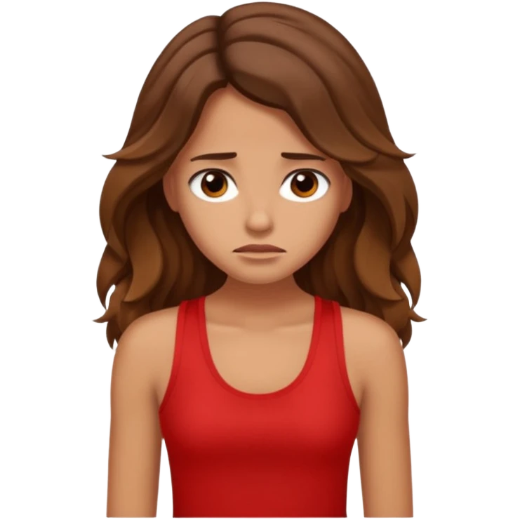generate a pretty tan bratz girl with brown wavy hair long wearing a red tank top looking sad emoji