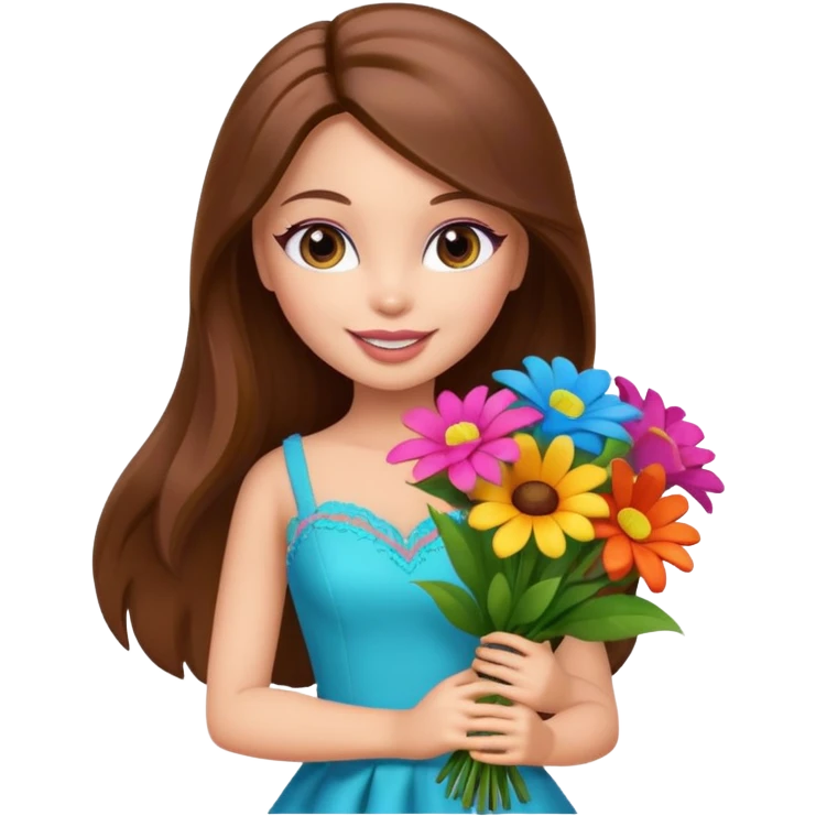  pretty bratz doll, long brown hair holding big bouquet of flowers posing emoji