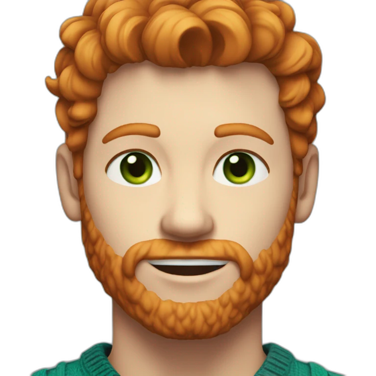 Ginger haired hunk with green eyes, wearing a blue v neck sweater, chest hair emoji