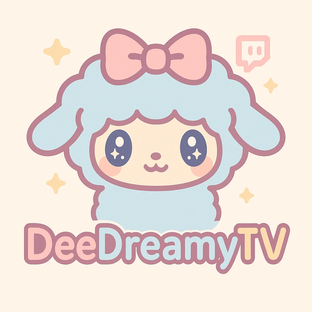 Twitch channel logo featuring DeeDreamy, the cute blue and pink Sanrio lamb, pastel color palette, kawaii style, big sparkling eyes, fluffy wool, bow, with the text 'DeeDreamyTV' in playful rounded font, Twitch branding elements included emoji