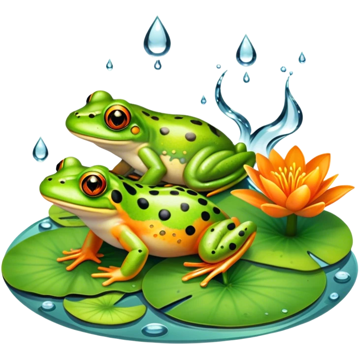 Icon for Amphibians: A colorful collage with various amphibians like a bright green frog sitting on a lily pad, a small salamander with orange spots, and a toad with bumpy skin. Water droplets around them and a pond in the background. Transparent background. emoji