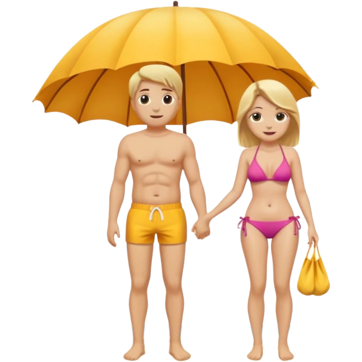 Ein Emoji, 2 personen am Strand: die Frau sehr schlank mit mittellangem, blondem Haar im Bikini, der Mann mit dickem Bauchz in Badeshorts. Beide sind im Ruhestand und liegen entspannt in Liegestühlen, um sich vom Stress des Rentnerlebens zu erholen mit sonnenschirm emoji