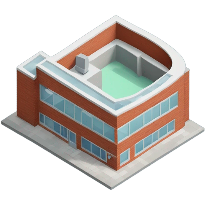 isometric, modern, curved red brick, medical centre emoji