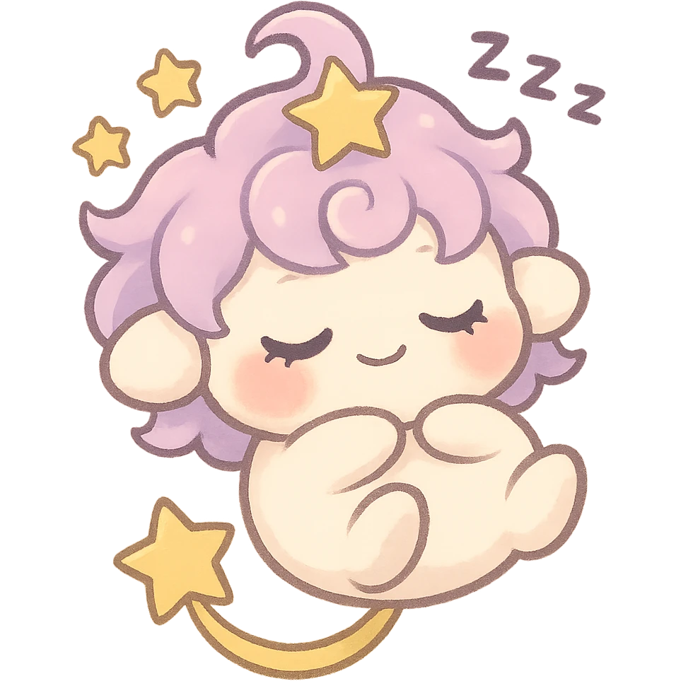 Chibi star spirit Stella Puff with fluffy pastel pink-lavender hair, five-pointed star swirl on top, soft plush ears, creamy white round body, short arms and legs, closed eyes with lashes, soft smile, floating yellow stars and “Zzz” above head, golden star tail, cheeks light coral pink, curled up like a pillow, floating, full body, super cute, transparent background emoji