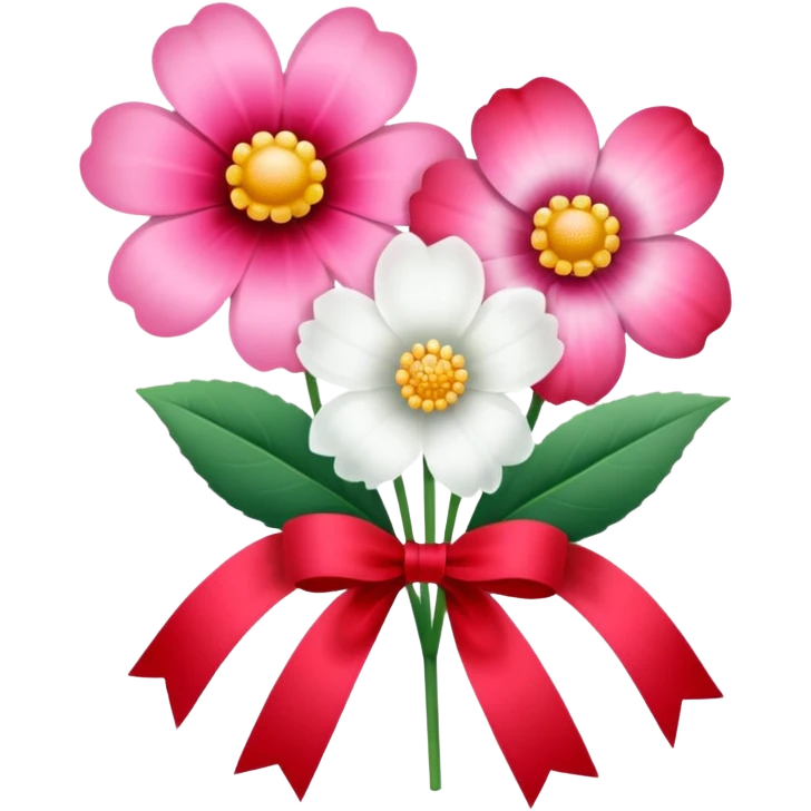One pink flower and one white flower in transparent bouquet with red band  emoji