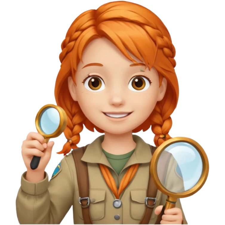 braid orange haired girl kid in explorer outfit, holding magnifying glass emoji