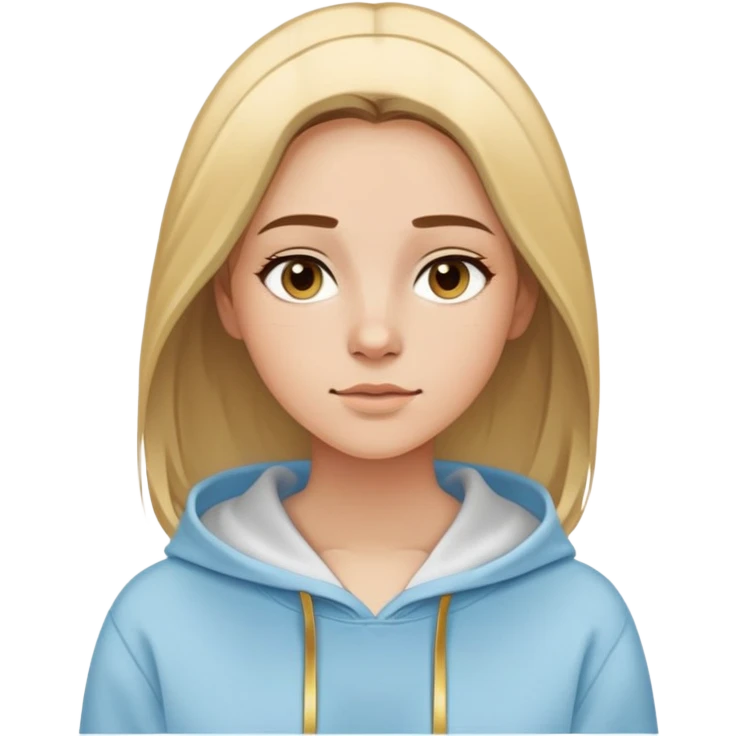 Woman with oval face, straight brown hair with blonde highlights parted to the side, dreamy expression, wearing a light blue hoodie with gold and white accents emoji