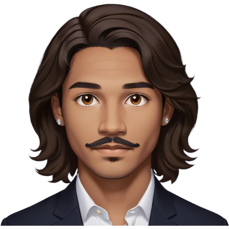 Young man with medium brown skin, mixed-race ethnicity, long wavy dark brown hair with an extremely precise center part exactly aligned with the middle of the face, hair parted perfectly symmetrically on both sides, mustache separated from goatee, medium brown eyes, small diamond stud earrings, floating head only with absolutely no shoulders or neck visible emoji
