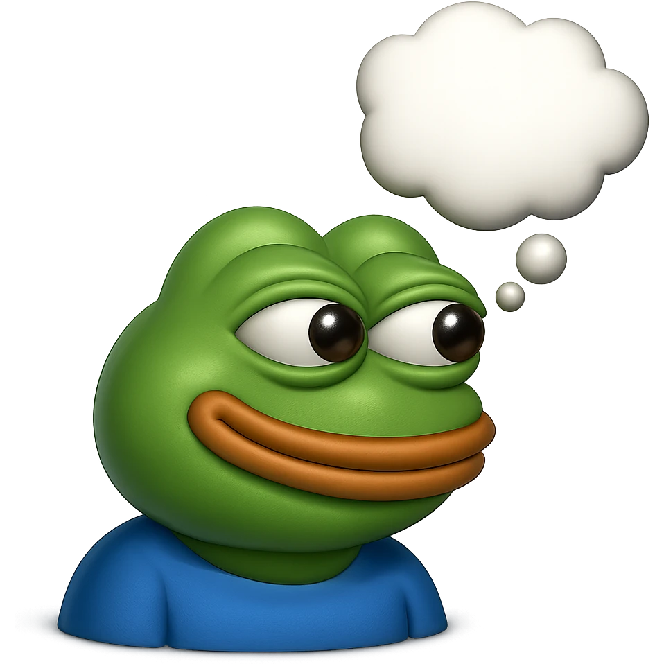 make a pepe in bright green smiling with thought bubble looking at right side in 3d style, good highlights and shadows, drop shadows emoji