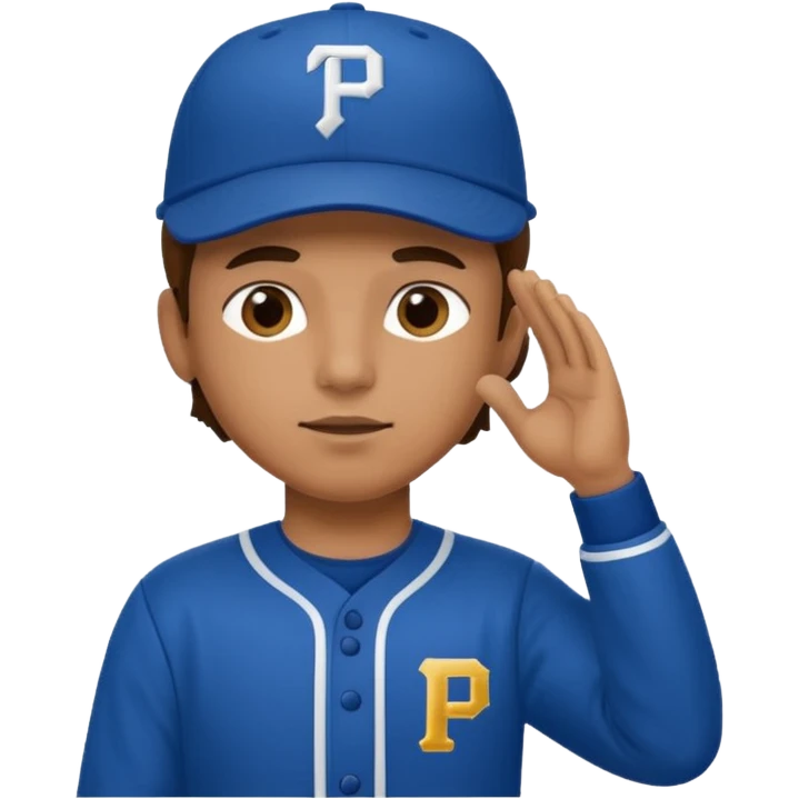 Baseball player, hand to head salute, hat with P, blue uniform, tan skin emoji