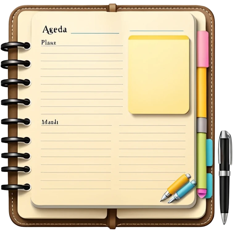 daily planner agenda cream leather with open page and pen with stickynotes emoji