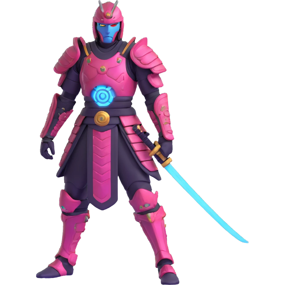 cyborg male samurai in neon cyberpunk environment with holographic armor emoji