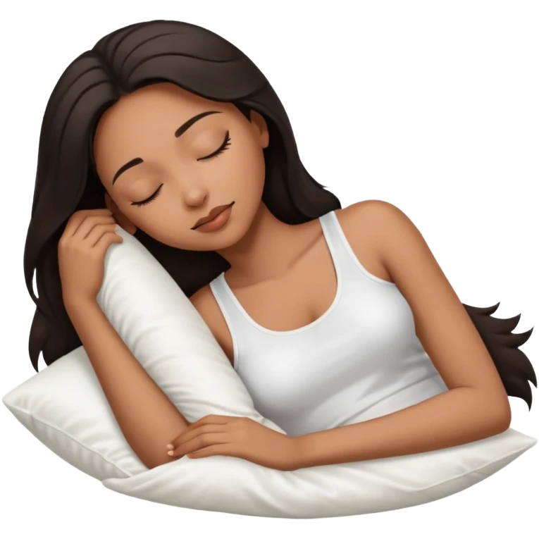 beauty african american woman, shoulder length dark hair,  sleeping laying on her side with a white silk pillow, she is wearing a white tank top emoji