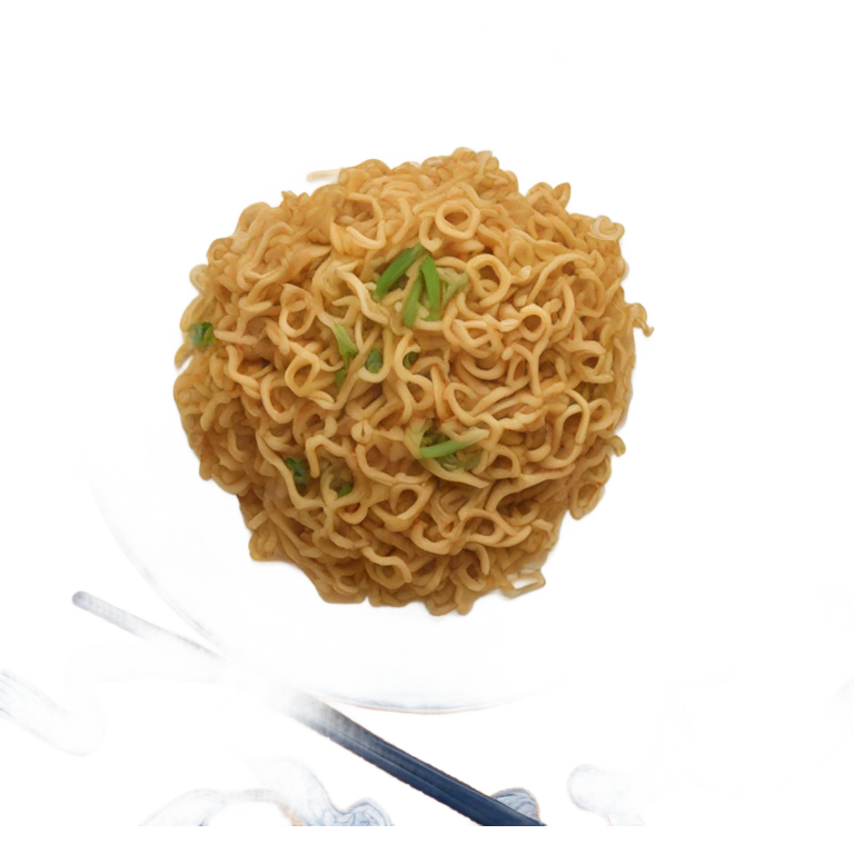Chinese fried noodle in white and blue plate with orange spoon emoji
