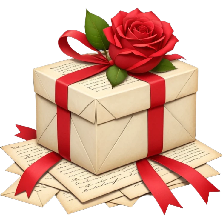 A beautifully arranged Stack of aged letters, tied with a red ribbon, envelopes, corespondence, aesthetic, red petals around emoji