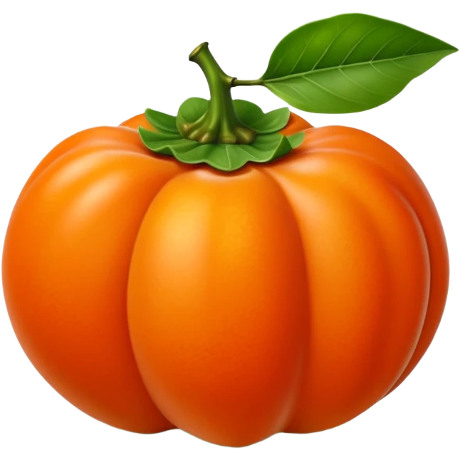 whole persimmon fruit with smooth glossy orange skin, flattened round shape, green leafy calyx on top with soft folds and natural texture, slightly dimpled surface suggesting ripeness and firmness, no leaf cut or extras, soft lighting, subtle shadows, emoji scale emoji