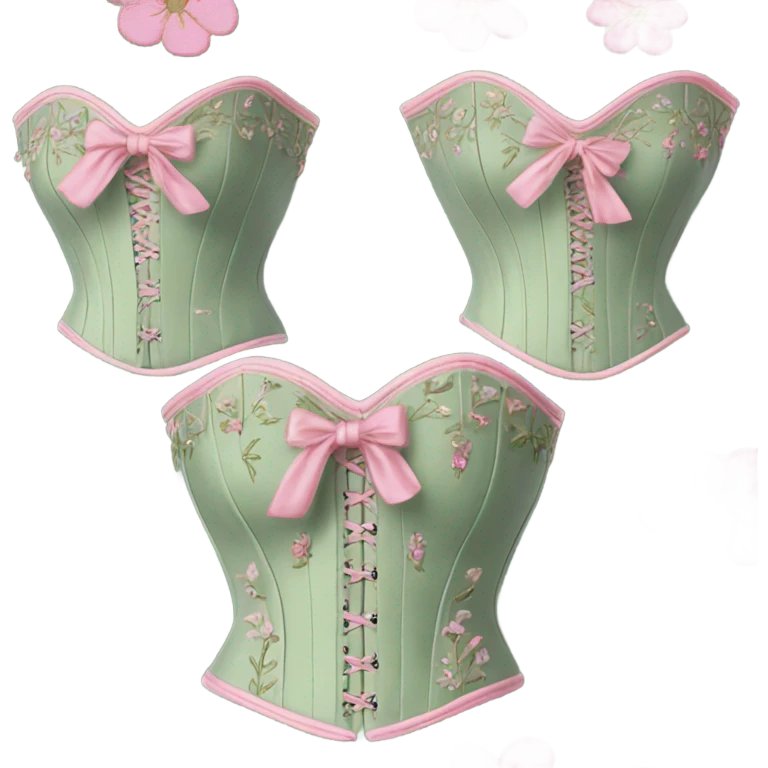 Sage green corset with flower embroidery and pink bows, isolated emoji