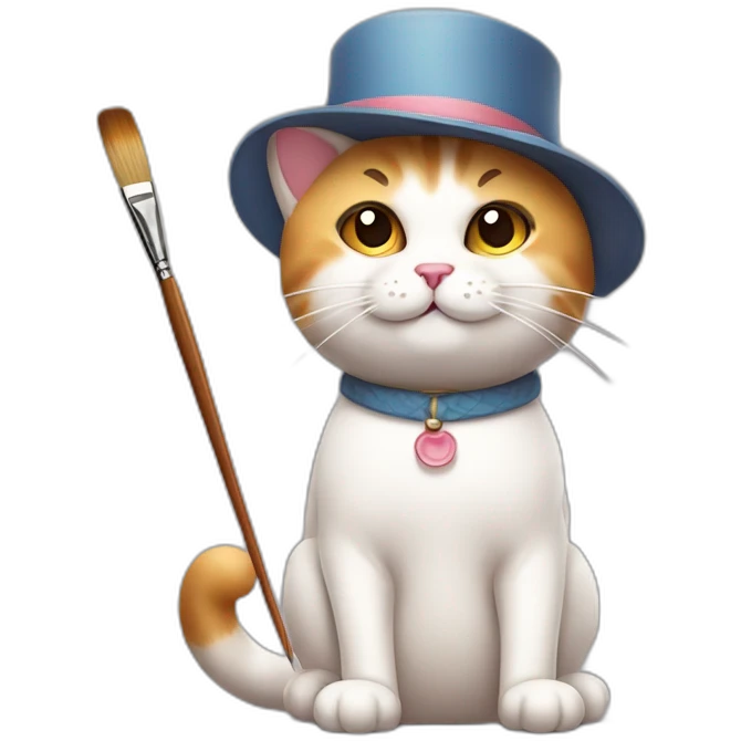 Kawaii cat artist in hat with palette and brush so it can be used as a mouse cursor emoji