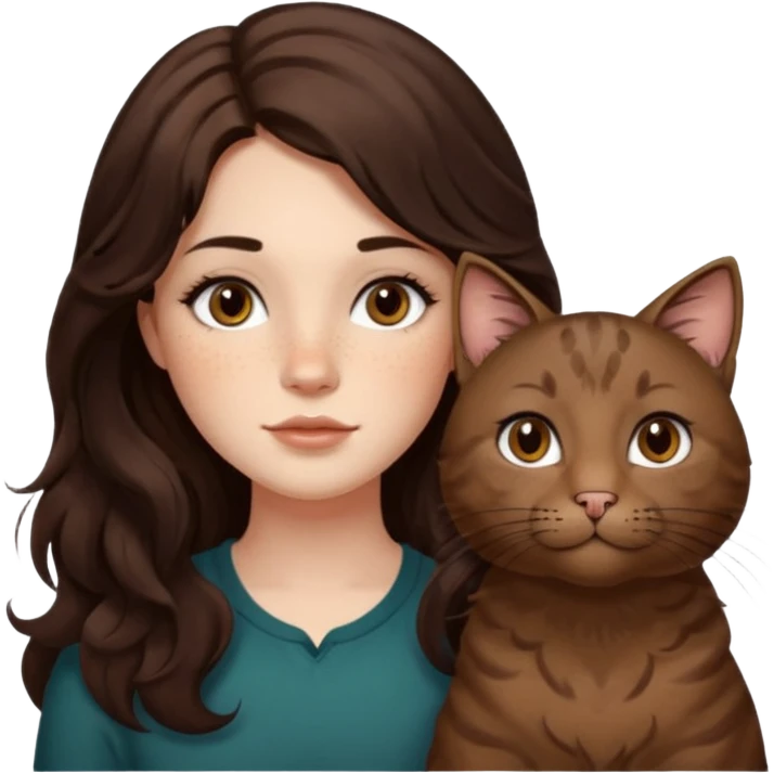 Uzun koyu kahverengi dalgalı saçlı, çenesinde beni olan ve yüzünde biraz çiller olan, iri koyu kahverengi bol kirpikli gözlü sevimli bir yüzü katlı kesim bir saçı olan kadın yap yanına da kilolu tamamen kahverengi bir kedi yap emoji