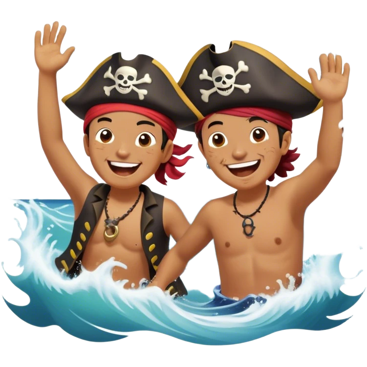 A person splashing in the ocean, laughing with a warm friend beside them. They’re playfully pretending to be pirates, fully immersed in the fun. The sun glows above, and the waves crash around them, symbolizing the joy of being present, creating fun, and appreciating the moment with the people  emoji
