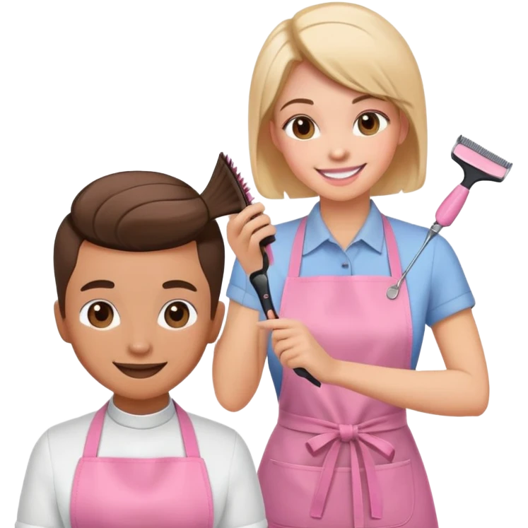 happy woman in pink apron getting a haircut from smiling female hairstylist emoji