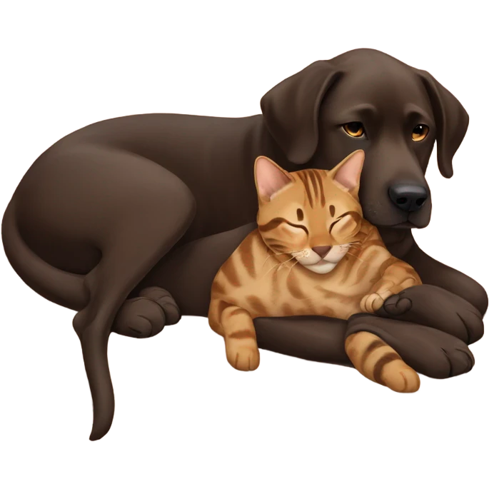 Dark brown labrador with bengal cat sleeping on top of each other  emoji