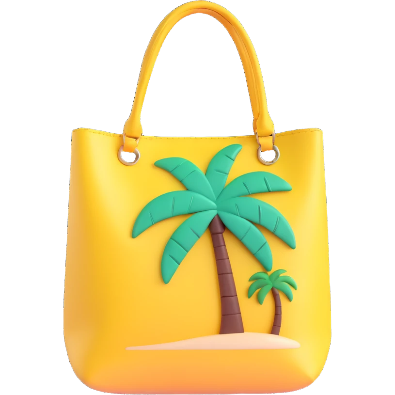 summer bag, shiny, rounded, with a small palm tree keychain emoji