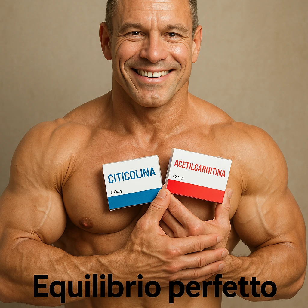 hyper realistic bodybuilder holding citicoline and acetylcarnitine near heart, well visible muscles, text 'Equilibrio perfetto', positive atmosphere, realistic details emoji