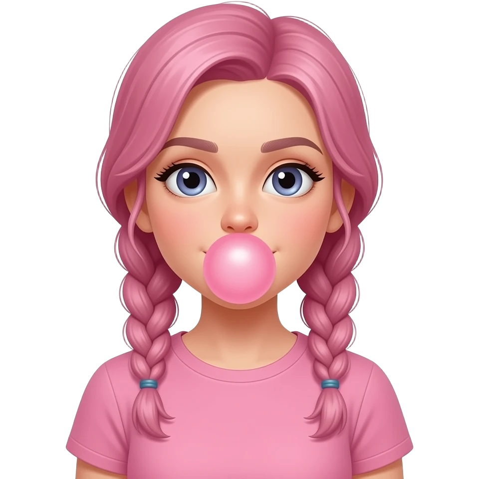 Bubblegum poping on face, pink tshirt  girl, with pink braided hair emoji