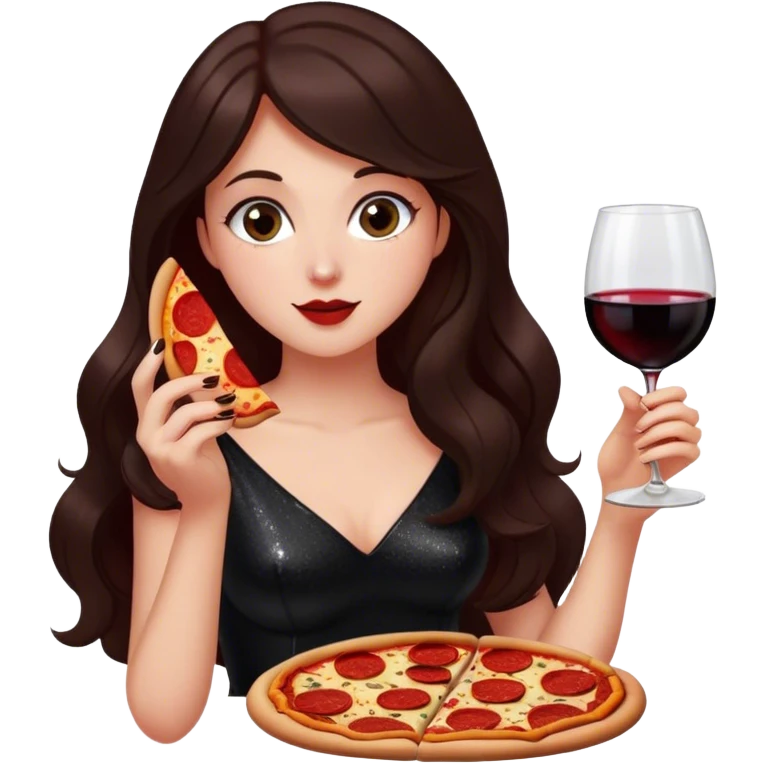Beautiful woman in 1950’s woman fashion look, black shimmery dress, long dark brown hair, red wine, Pepperoni pizza emoji