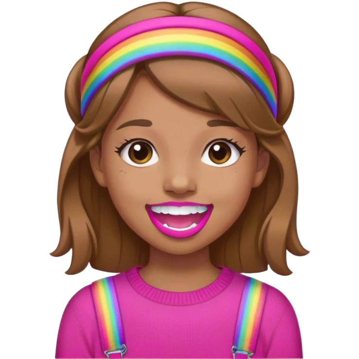 A girl with light brown hair. She is wearing a hot pink headband and has braces on her teeth. She is wearing a hot pink sweater with a rainbow on it. emoji