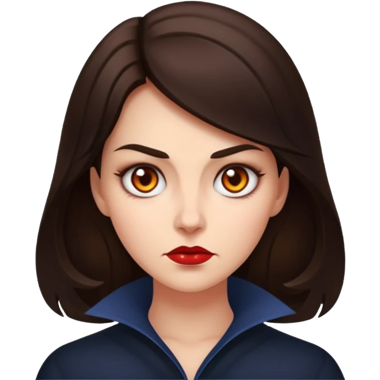 brunette lady with a menacing, dreadful aura, simplified features, strong vibe, Apple emoji style emoji