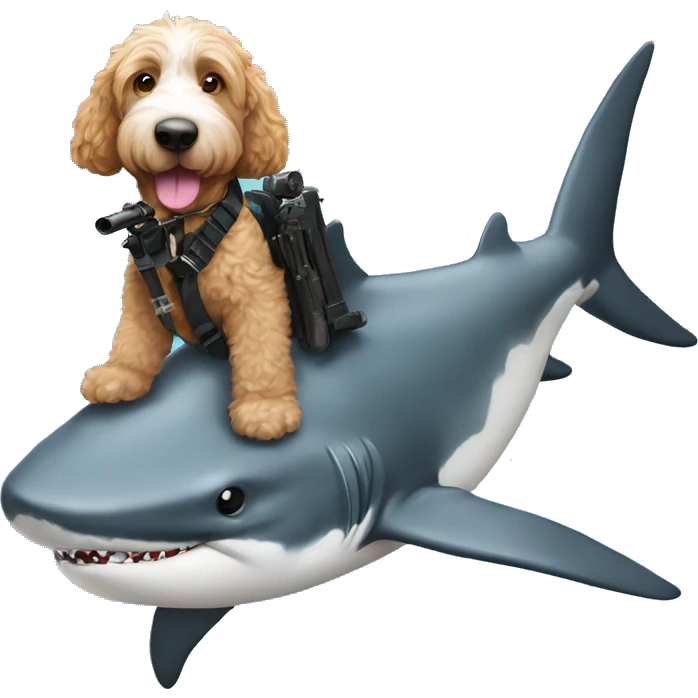 A bernedoodle riding a shark with two guns emoji