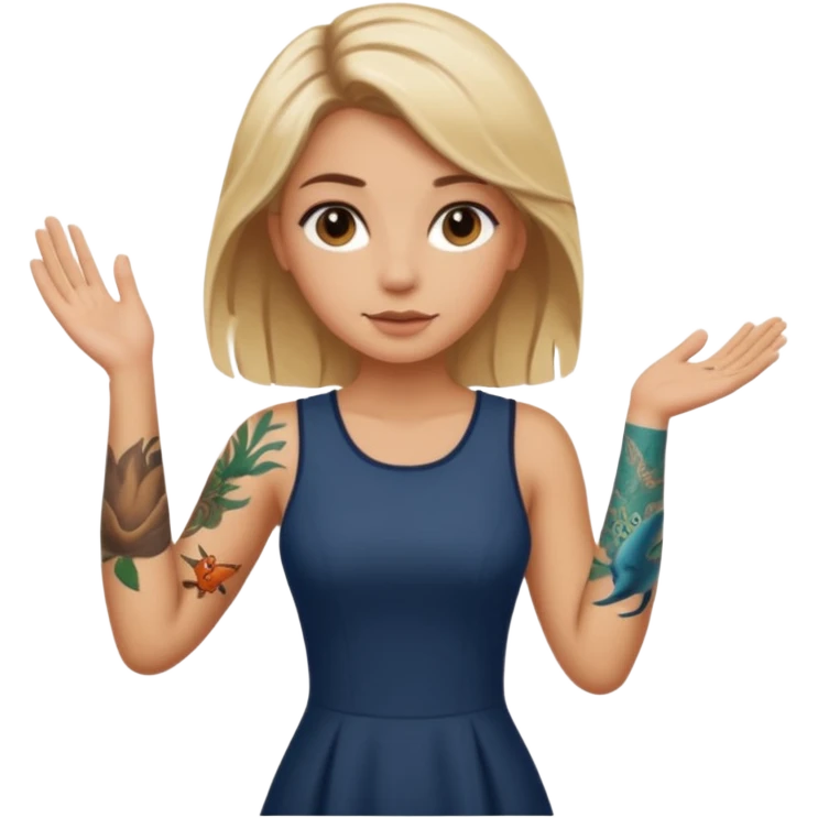 Blonde white girl with dark roots, sunkissed tan, and marine life tattoos on one arm wearing brown dress. Brown eyes emoji