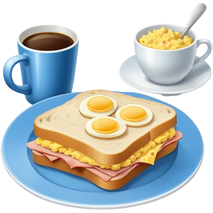 a blue breakfast plate, a sandwich with ham and scrambled eggs and a cup of white coffee emoji