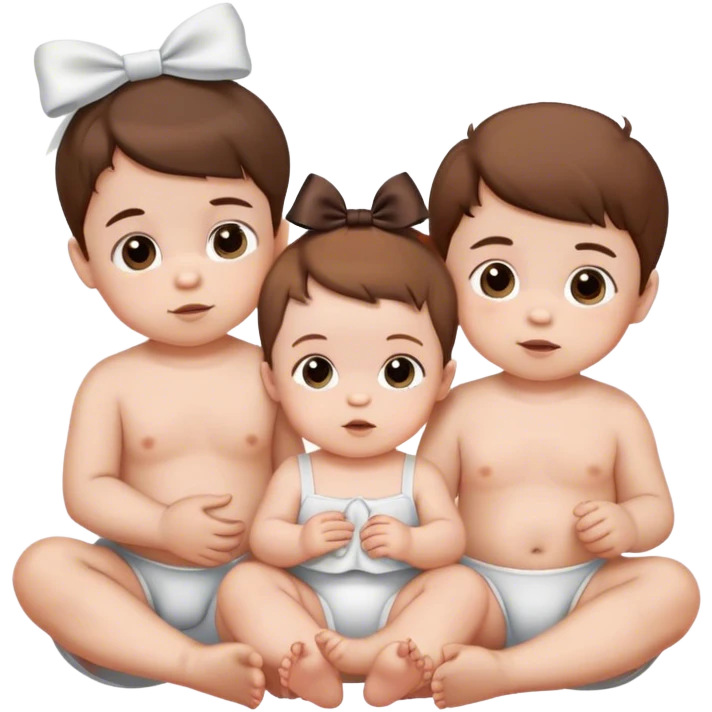 two white baby boys with brown hair and a white baby girl with brown hair and a bow sitting together  emoji