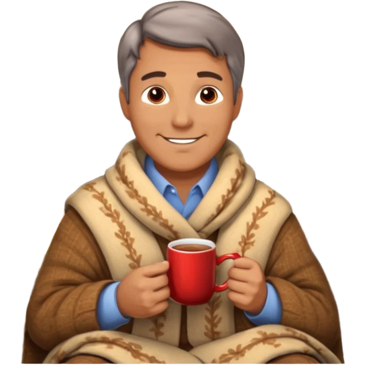 Cozy handsome middle aged man sitting next to a nice fireplace with a hot apple cider, blanket, and plate of chocolate cookies. emoji