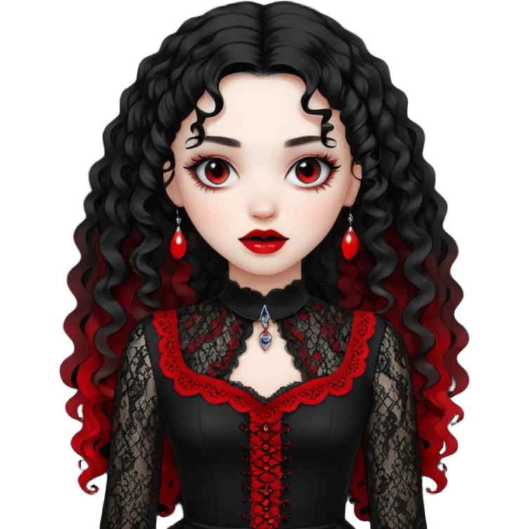 A girl with a red goth vampire look in a black and red goth lace dress with long sleeves and long black curly hair bold look on her face emoji