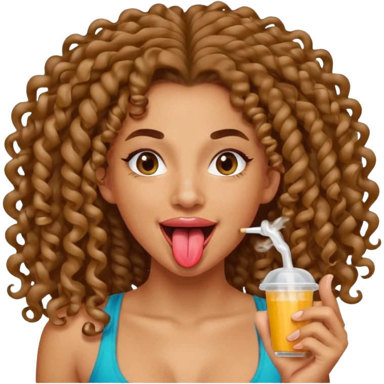 a mixed girl with long curly hair sticking her tongue out with spit emoji