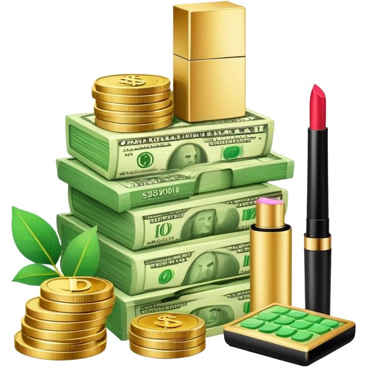 gold scale with a stack of green dollar bills and coins on one side and beauty products including lipstick, perfume, and makeup on the other emoji